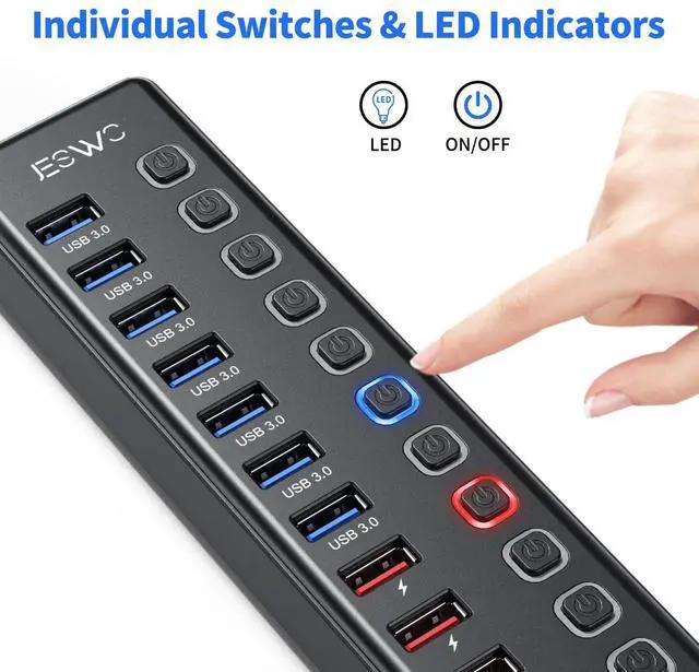 Alt view image 3 of 6 - Powered USB Hub, 11-Port USB 3.0 Hub (7 Data Transfer Ports + 4 Smart Charging Ports) with Individual LED On/Off Switches, USB Hub Powered with 12V/3A Power Adapter for Mac, PC