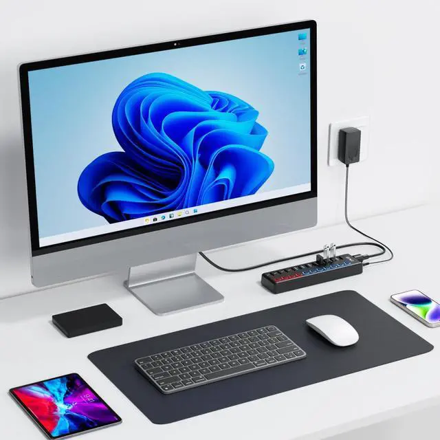 Alt view image 6 of 6 - Powered USB Hub, 11-Port USB 3.0 Hub (7 Data Transfer Ports + 4 Smart Charging Ports) with Individual LED On/Off Switches, USB Hub Powered with 12V/3A Power Adapter for Mac, PC