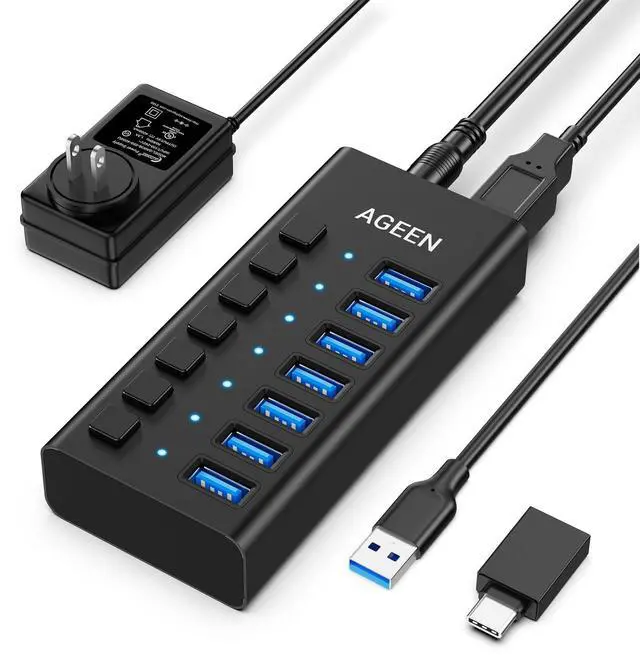 Main image of 7-Port USB 3.2 Gen 2 Hub, 10Gbps High-Speed Aluminum Powered Hub with 24W Adapter, Individual Switches & Surge Protection for PC/Laptop, Flash Drive, Printer, Camera