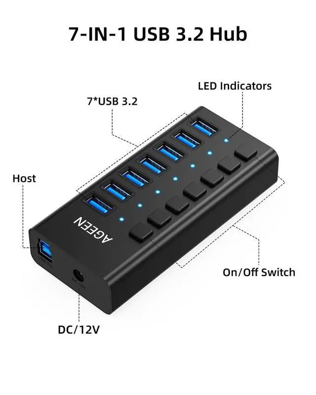 Alt view image 2 of 7 - 7-Port USB 3.2 Gen 2 Hub, 10Gbps High-Speed Aluminum Powered Hub with 24W Adapter, Individual Switches & Surge Protection for PC/Laptop, Flash Drive, Printer, Camera