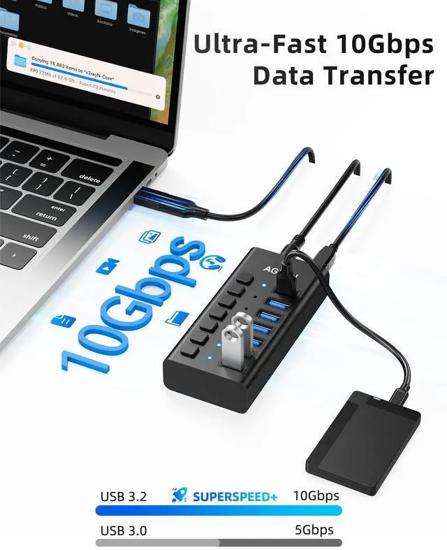 Alt view image 3 of 7 - 7-Port USB 3.2 Gen 2 Hub, 10Gbps High-Speed Aluminum Powered Hub with 24W Adapter, Individual Switches & Surge Protection for PC/Laptop, Flash Drive, Printer, Camera