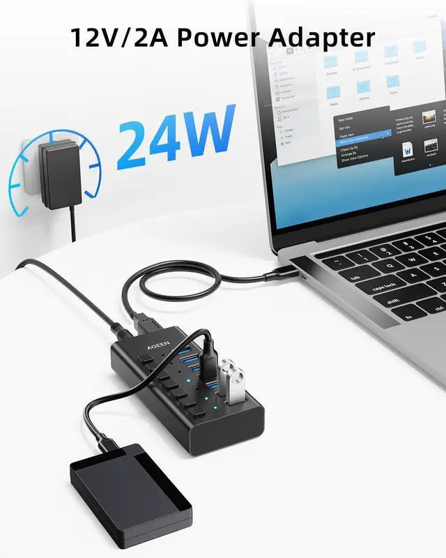 Alt view image 4 of 7 - 7-Port USB 3.2 Gen 2 Hub, 10Gbps High-Speed Aluminum Powered Hub with 24W Adapter, Individual Switches & Surge Protection for PC/Laptop, Flash Drive, Printer, Camera