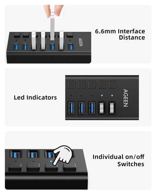 Alt view image 5 of 7 - 7-Port USB 3.2 Gen 2 Hub, 10Gbps High-Speed Aluminum Powered Hub with 24W Adapter, Individual Switches & Surge Protection for PC/Laptop, Flash Drive, Printer, Camera