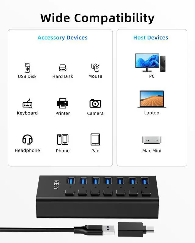 Alt view image 6 of 7 - 7-Port USB 3.2 Gen 2 Hub, 10Gbps High-Speed Aluminum Powered Hub with 24W Adapter, Individual Switches & Surge Protection for PC/Laptop, Flash Drive, Printer, Camera