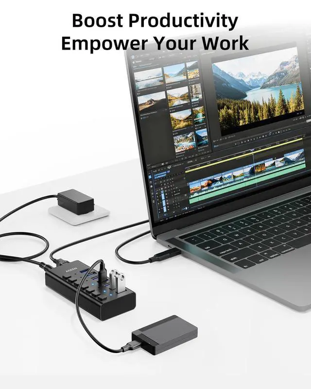Alt view image 7 of 7 - 7-Port USB 3.2 Gen 2 Hub, 10Gbps High-Speed Aluminum Powered Hub with 24W Adapter, Individual Switches & Surge Protection for PC/Laptop, Flash Drive, Printer, Camera