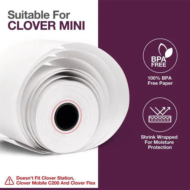 Alt view image 4 of 7 - Receipt Paper for Clover Mini and Clover Mobile Thermal Printer - Receipt Paper Rolls Compatible with Clover Mini POS models C200, C300, C301, C302, C305 (20 Rolls)