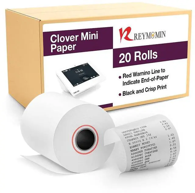 Main image of Receipt Paper for Clover Mini and Clover Mobile Thermal Printer - Receipt Paper Rolls Compatible with Clover Mini POS models C200, C300, C301, C302, C305 (20 Rolls)