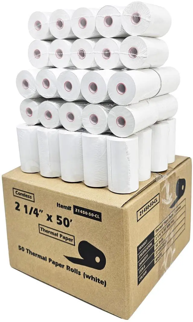 Main image of (50 Coreless Rolls) 2 1/4 x 50 Thermal Paper Receipt Rolls fits all Credit Card Terminals Verifone VX520 Ingenico ICT220 ICT250 BPA Free from