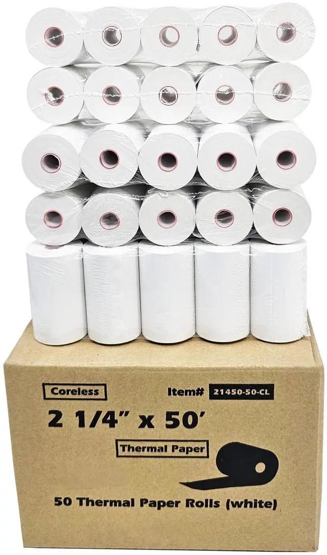 Alt view image 2 of 4 - (50 Coreless Rolls) 2 1/4 x 50 Thermal Paper Receipt Rolls fits all Credit Card Terminals Verifone VX520 Ingenico ICT220 ICT250 BPA Free from