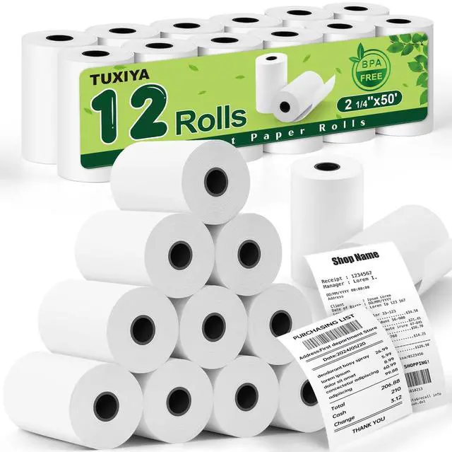 Main image of 2 1/4"x50' Thermal Paper Receipt Rolls,12 Rolls of Thermal Printer Paper, BPA Free Thermal Paper Rolls, Fits All 58mm Thermal POS Printer, Premium Quality Receipt Paper Rolls