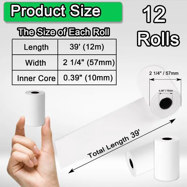 Alt view image 2 of 6 - (12 Rolls) Thermal Receipt Paper 2 1/4" x 39', Mini Credit Card Paper Compatible with Most Credit Card Machines, Handheld Terminals, and Mini POS Cash Register Printers