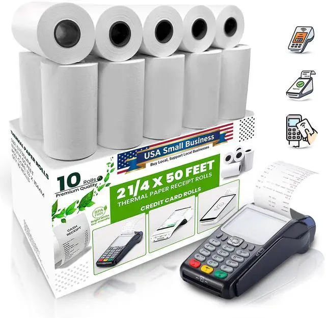 Main image of Thermal Paper Receipt Rolls BPA-Free Receipt Paper for Credit Card Machines Fits All Standard Terminals (Size: 2 1/4" x 50 ft) (Pack of 10)