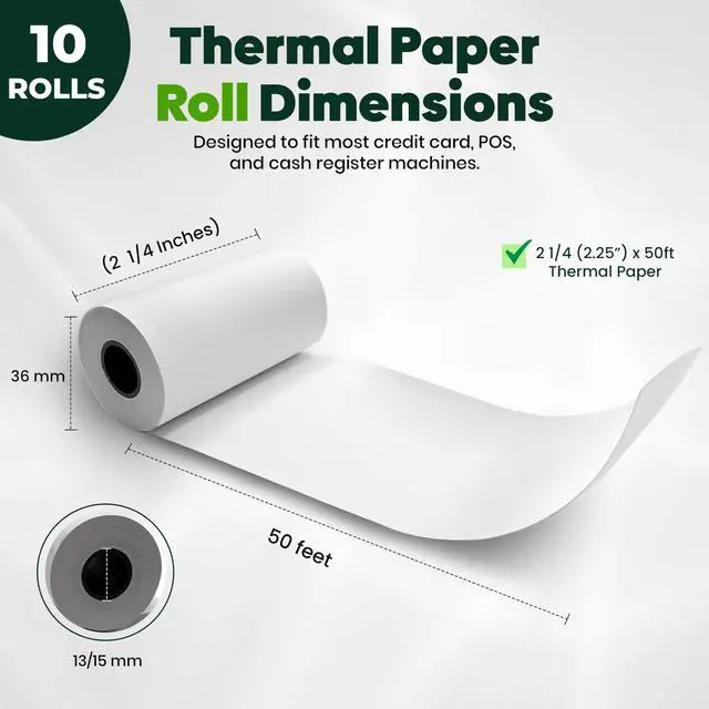 Alt view image 2 of 7 - Thermal Paper Receipt Rolls BPA-Free Receipt Paper for Credit Card Machines Fits All Standard Terminals (Size: 2 1/4" x 50 ft) (Pack of 10)
