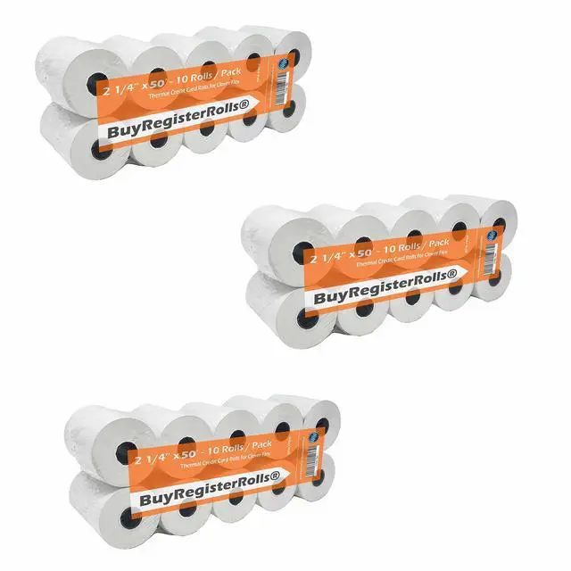 Main image of (10 Pack x 3) 2 1/4 X 50 Thermal Paper (30 Rolls) for Verifone Vx520, Ingenico ICT220, Clover Flex, Clover Mini, Square Terminal - Register Receipt Paper fits all Credit Card Machines