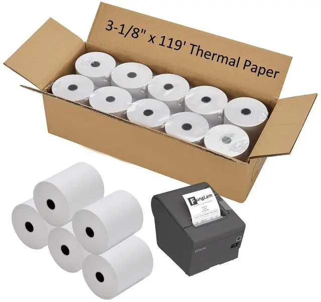 Main image of Thermal Receipt Paper Rolls, 3-1/8" x 119', 10 Rolls per Case, Crisp, Clear Images, Red End-of-Warning Signal, POS/Cash Register Paper