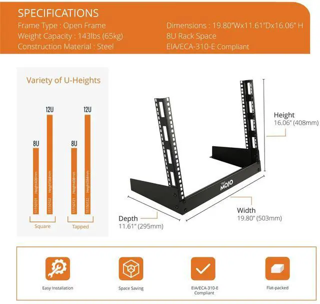 Alt view image 2 of 6 - 2 Post 8U Desktop Server Rack Small Open Frame Rack for 19in AV/Data/Audio/Studio Equipment Free Standing Home/Office Rack,Square Hole