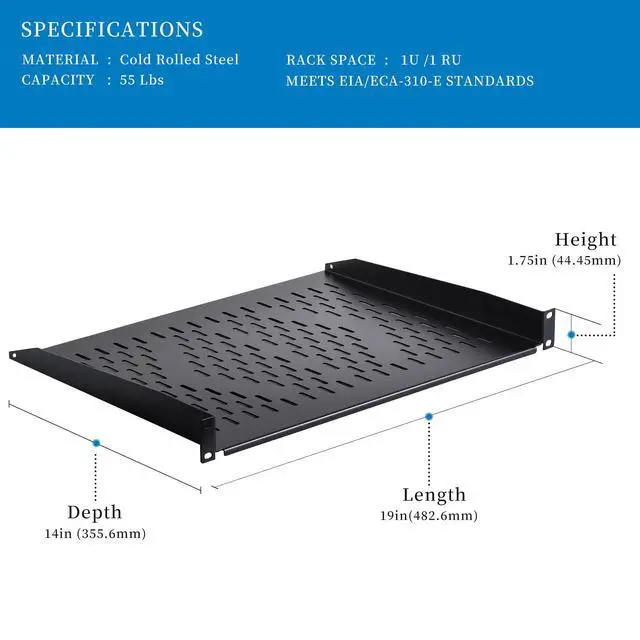 Alt view image 2 of 6 - 1U Cantilever Universal Rack Shelf - 14in Deep Rackmount Shelf for 19 AV/Network Equipment Racks 55lbs Capacity - 2Pack