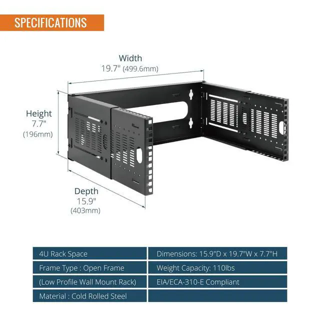 Alt view image 2 of 7 - 4U Wall Mount Network Rack, 19" Open Frame Patch Panel Bracket with Adjustable Depth 9.7-15.9 in, Fits Shallow IT Equipments, 110 lbs Capacity, EIA-310 Compliant