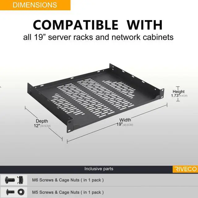Alt view image 4 of 6 - 2 PCS 12 Rack Shelves for 19 inches Network Rack & Cabinets, 1U Rack Mount Shelf Vented Cantilever Tray, for Server, IT & Sound Equipment