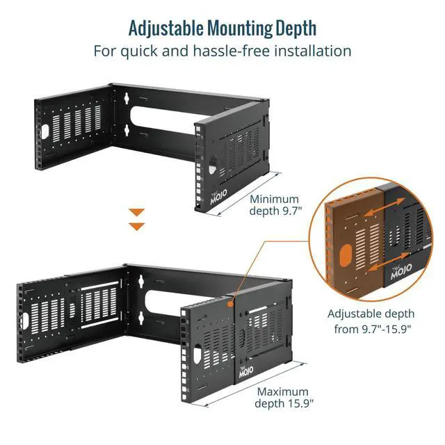 Alt view image 4 of 7 - 4U Wall Mount Network Rack, 19" Open Frame Patch Panel Bracket with Adjustable Depth 9.7-15.9 in, Fits Shallow IT Equipments, 110 lbs Capacity, EIA-310 Compliant