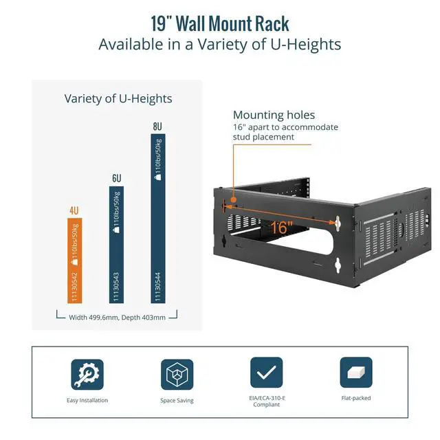 Alt view image 6 of 7 - 4U Wall Mount Network Rack, 19" Open Frame Patch Panel Bracket with Adjustable Depth 9.7-15.9 in, Fits Shallow IT Equipments, 110 lbs Capacity, EIA-310 Compliant