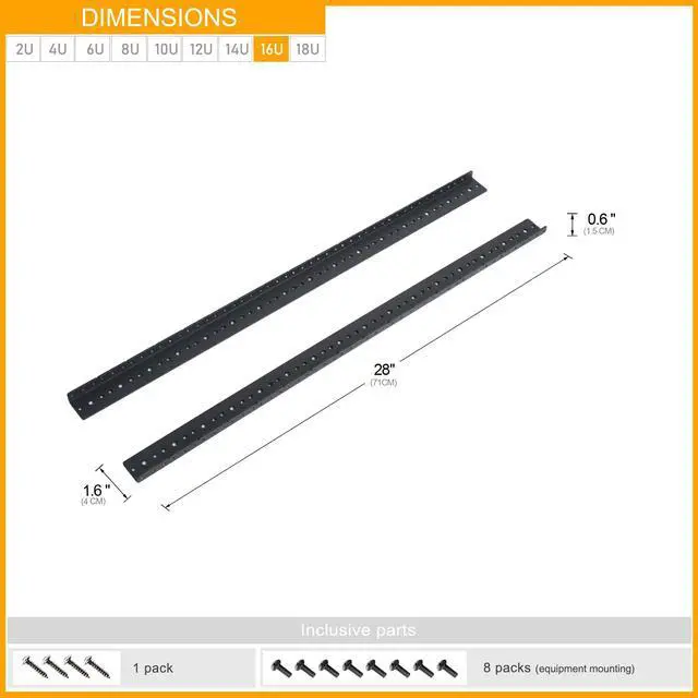 Alt view image 5 of 7 - 16U Rack Rails 2 PCS, 3.0 mm Thickness Steel Tapered Holes Horizontal & Vertical Rack Mount Rails for Recording & Network Wooden Cabinet Mounting, 10/32 Screws Included