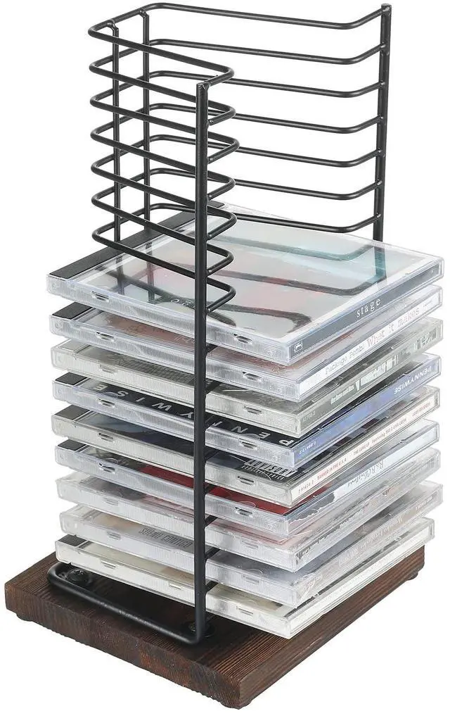 Alt view image 4 of 7 - CD Storage Disc Holder, Tabletop DVD Display Rack Shelf, Holds 15 Jewel Cases, Matte Black Metal Wire Vertical Compact, Burnt Wood Base