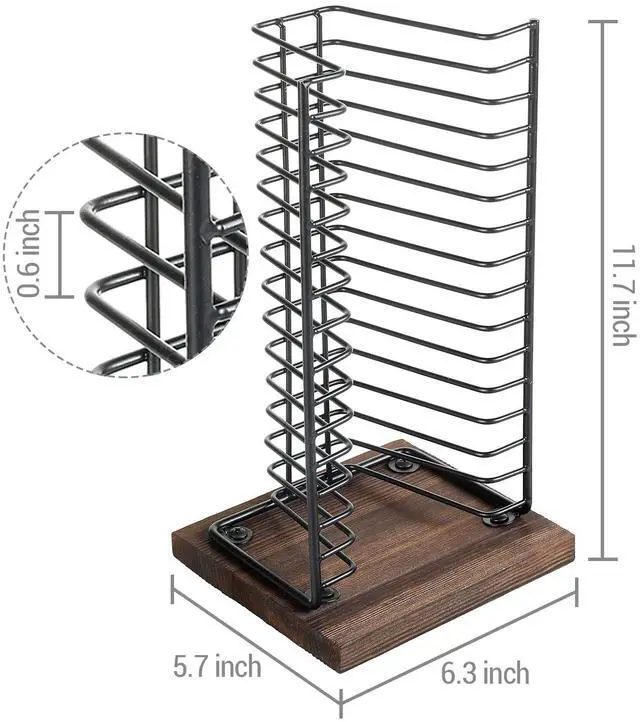 Alt view image 5 of 7 - CD Storage Disc Holder, Tabletop DVD Display Rack Shelf, Holds 15 Jewel Cases, Matte Black Metal Wire Vertical Compact, Burnt Wood Base