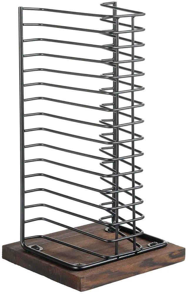 Alt view image 6 of 7 - CD Storage Disc Holder, Tabletop DVD Display Rack Shelf, Holds 15 Jewel Cases, Matte Black Metal Wire Vertical Compact, Burnt Wood Base
