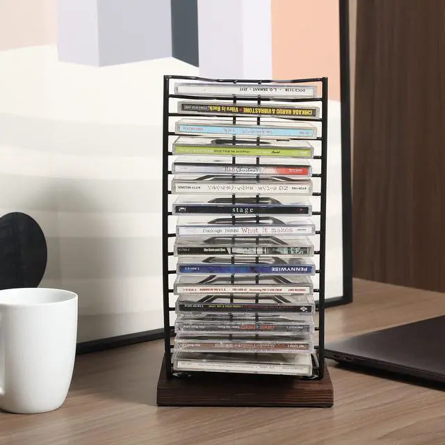Alt view image 2 of 7 - CD Storage Disc Holder, Tabletop DVD Display Rack Shelf, Holds 15 Jewel Cases, Matte Black Metal Wire Vertical Compact, Burnt Wood Base