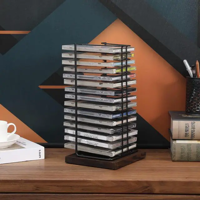 Alt view image 3 of 7 - CD Storage Disc Holder, Tabletop DVD Display Rack Shelf, Holds 15 Jewel Cases, Matte Black Metal Wire Vertical Compact, Burnt Wood Base
