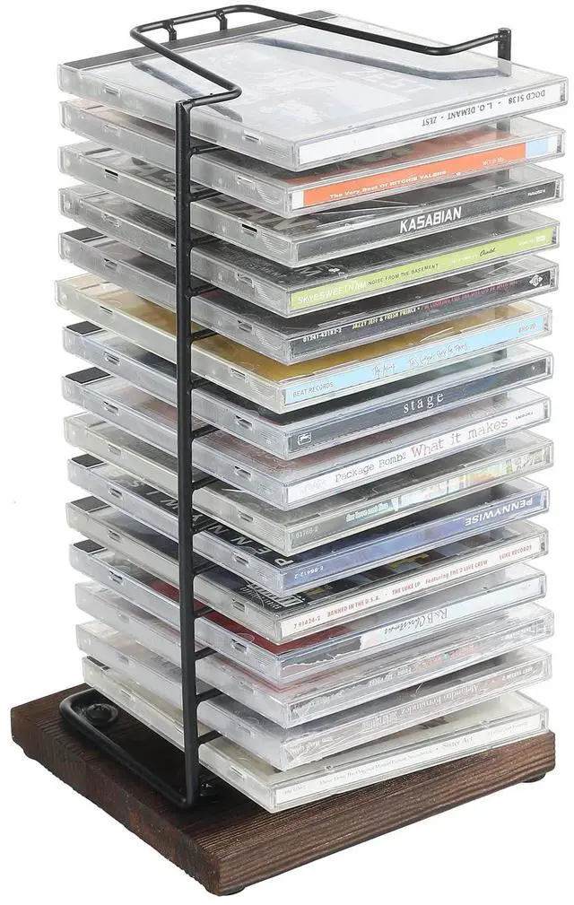 Main image of CD Storage Disc Holder, Tabletop DVD Display Rack Shelf, Holds 15 Jewel Cases, Matte Black Metal Wire Vertical Compact, Burnt Wood Base