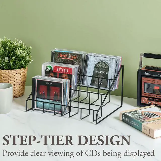Alt view image 5 of 7 - 2 Pcs CD Rack Tower, 3-Tier DVD Stand Holder, Tabletop Compact Disc Jewel Case Storage, Step Tier Office Media Organizer, Modern Matte Black Metal Wire