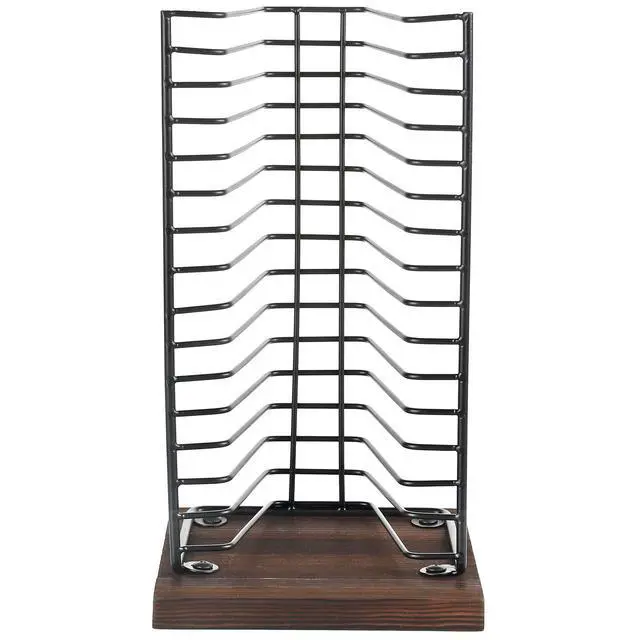 Alt view image 7 of 7 - CD Storage Disc Holder, Tabletop DVD Display Rack Shelf, Holds 15 Jewel Cases, Matte Black Metal Wire Vertical Compact, Burnt Wood Base