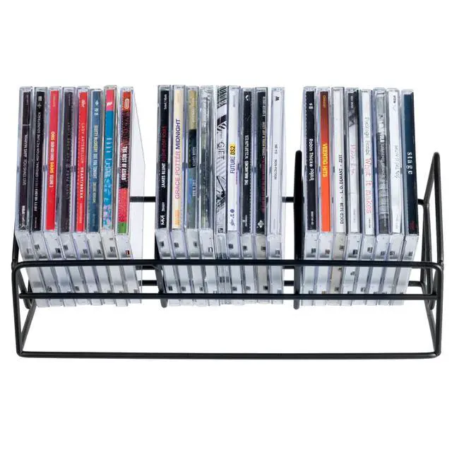 Alt view image 7 of 7 - 3 Slot CD Holder Storage Stand, Video Game DVD Media Organizer Rack, Tabletop Compact Disc Shelf, CD Tower Holds 30 Jewel Cases, Modern Matte Black Metal Wire