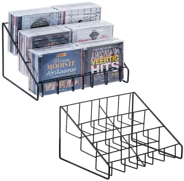 Main image of 2 Pcs CD Rack Tower, 3-Tier DVD Stand Holder, Tabletop Compact Disc Jewel Case Storage, Step Tier Office Media Organizer, Modern Matte Black Metal Wire