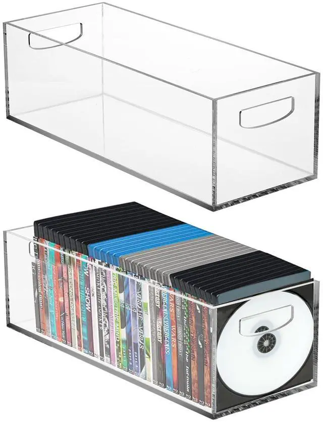 Main image of 2 Pack Acrylic DVD/CD Storage Box, Clear DVD Holder Case with Handles, Stackable Storage Container Shelf Organizer Bin for CDs, Video Games, Blu-ray, Books, Home, Office