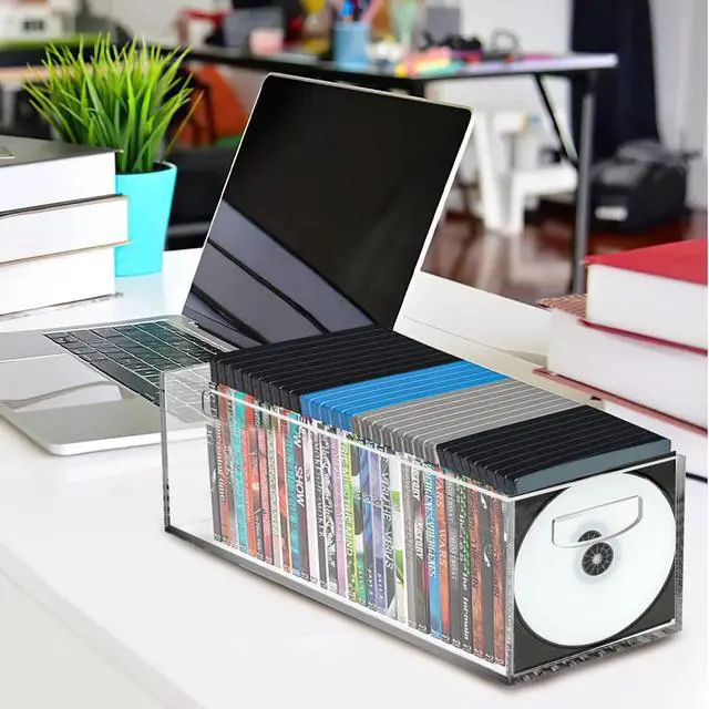 Alt view image 6 of 7 - 2 Pack Acrylic DVD/CD Storage Box, Clear DVD Holder Case with Handles, Stackable Storage Container Shelf Organizer Bin for CDs, Video Games, Blu-ray, Books, Home, Office