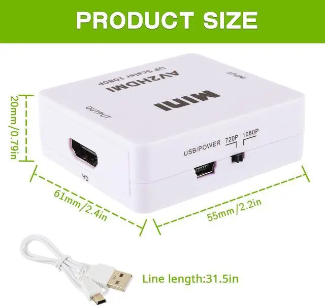 Alt view image 4 of 7 - RCA to HDMI Converter,1080P RCA Composite CVBS AV to HDMI Video Audio Converter Adapter with USB Power Cable,Compatible with N64 Wii PS2 Xbox VHS VCR Camera DVD, Support PAL/NTSCWhite