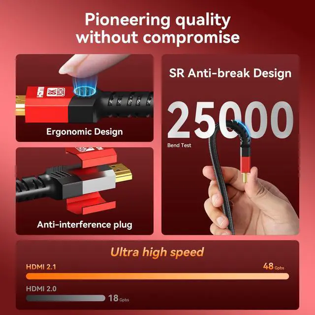 Alt view image 4 of 6 - Fiber Optic HDMI 2.1 Cable 40FT,48Gbps Ultra High Speed Braided Uni-Directional Cord-8K@60Hz 4K@120Hz/144Hz HDCP 2.2&2.3 eARC DTS:X HDR10 VRR Compatible for RTX 5090/PS5/Xbox X/S/TV etc
