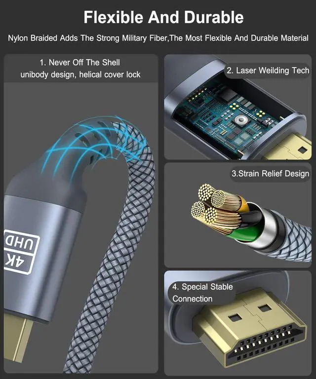 Alt view image 3 of 7 - 4K HDMI Cable 50FT, 18Gbps 2.0 High Speed Gaming Cord 4K@60Hz HDR, 2K, ARC 3D Compatible for PS5/4, UHD TV and Blu-ray Player