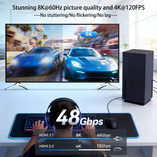 Alt view image 3 of 6 - 8K HDMI 2.1 Cable 30FT,48Gbps Ultra High Speed Braided Gaming Cord,10K 8K@60Hz 4K@120Hz/144Hz eARC Dolby Atmos DTS:X HDR10 VRR ALLM,Compatible with PS5 Xbox Series X/S RTX 5090 AVR