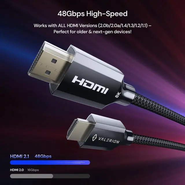 Alt view image 2 of 7 - Ultra High Speed HDMI 2.1 Cable 2m/6.6ft, Certified 48Gbps, 8K@60Hz, 4K@120Hz, Dynamic HDR, ALLM/VRR Gaming, Braided 24K Gold Connectors, Compatible with PS5, Xbox, PC, TV, Projector