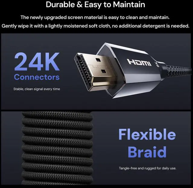 Alt view image 6 of 7 - Ultra High Speed HDMI 2.1 Cable 2m/6.6ft, Certified 48Gbps, 8K@60Hz, 4K@120Hz, Dynamic HDR, ALLM/VRR Gaming, Braided 24K Gold Connectors, Compatible with PS5, Xbox, PC, TV, Projector