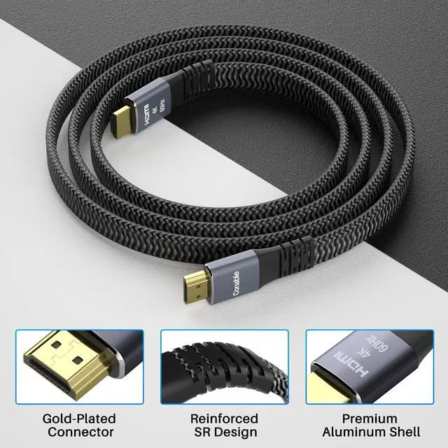 Alt view image 2 of 6 - Flat HDMI Cable (2 Pack, 2FT+ 2FT), 4K HDMI High Speed Braided Cord, Pure Copper, Supports 4K@60Hz 2160p 1080p HDR HDCP 2.2 ARC Full 3D (with 25 Ties and 2 HDMI Adapters)- 2 Feet-2 Pack