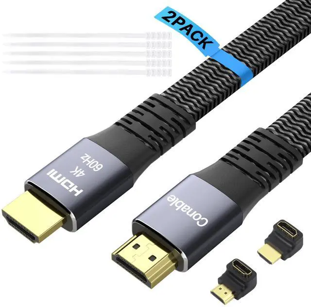 Main image of Flat HDMI Cable (2 Pack, 2FT+ 2FT), 4K HDMI High Speed Braided Cord, Pure Copper, Supports 4K@60Hz 2160p 1080p HDR HDCP 2.2 ARC Full 3D (with 25 Ties and 2 HDMI Adapters)- 2 Feet-2 Pack