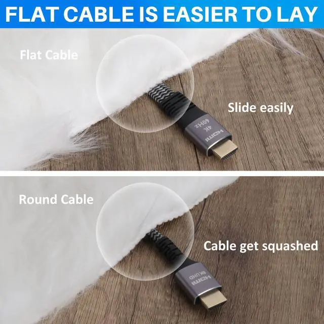 Alt view image 4 of 6 - Flat HDMI Cable (2 Pack, 2FT+ 2FT), 4K HDMI High Speed Braided Cord, Pure Copper, Supports 4K@60Hz 2160p 1080p HDR HDCP 2.2 ARC Full 3D (with 25 Ties and 2 HDMI Adapters)- 2 Feet-2 Pack