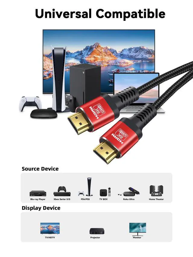 Alt view image 7 of 7 - Long 8K HDMI 2.1 Cable 33FT, 48Gbps Ultra HD Lead High Speed Cord Connector, Supports 8K@60HZ, 4K@120Hz, eARC HDR10, HDCP 2.2/2.3 Dolby, VRR, Compatible with Fire TV/Roku TV/PS5/Xbox X/Switch