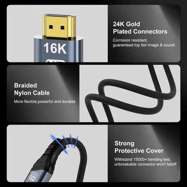 Alt view image 7 of 7 - 16K HDMI 2.2 Cable 2M 8K 10K 6.6FT High Speed 96Gbps 12Bit 16K@60Hz 8K@240Hz 4K@480Hz Braided Gold Plated UHD HDR Support HDCP 3D HDMI Connection Compatible with PS5 Monitor TV