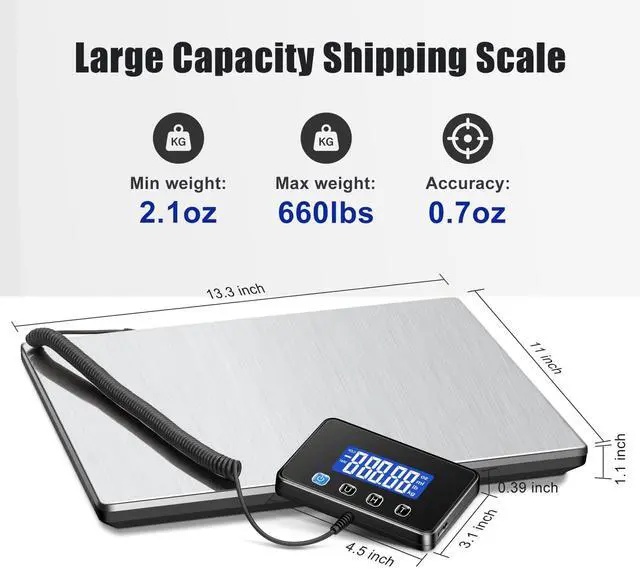 Alt view image 2 of 7 - Shipping Scale, 660lbs Heavy Duty Digital Postal Scale for Packages, 0.7oz High Accurate Postage Scale for Small Business, Luggage, Home Use, Battery & Charging Cable Include